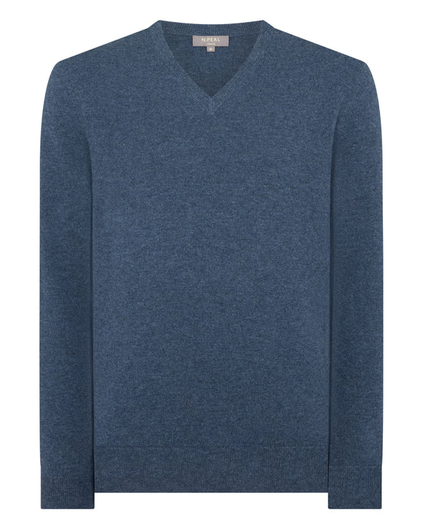 N.Peal Men's Burlington V Neck Cashmere Jumper Light Denim Blue