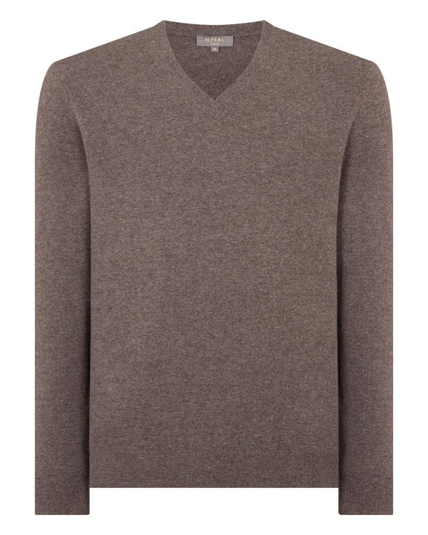 N.Peal Men's Burlington V Neck Cashmere Jumper Otter Brown