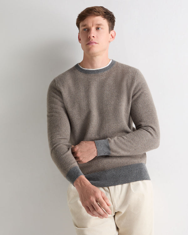 N.Peal Men's Oxford Herringbone Round Neck Cashmere Jumper Smoky Herringbone Grey