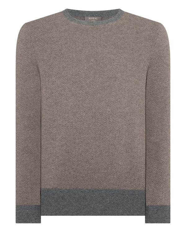 N.Peal Men's Oxford Herringbone Round Neck Cashmere Jumper Smoky Herringbone Grey