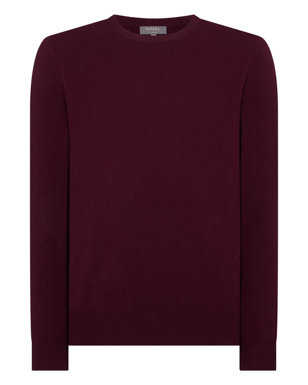 N.Peal Men's Oxford Round Neck Cashmere Jumper Bordeaux Red