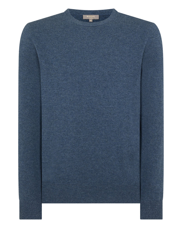 N.Peal Men's Oxford Round Neck Cashmere Jumper Light Denim Blue