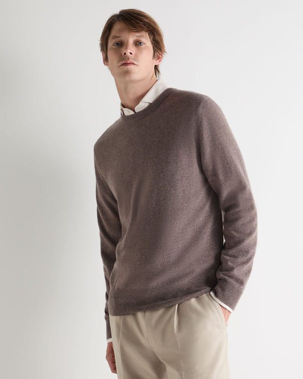 N.Peal Men's Oxford Round Neck Cashmere Jumper Otter Brown