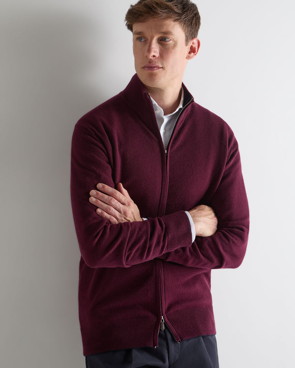 N.Peal Men's Knightsbridge Full Zip Cashmere Jumper Bordeaux Red