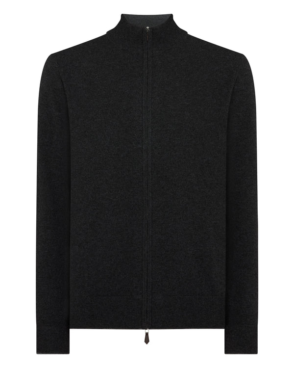 N.Peal Men's Knightsbridge Full Zip Cashmere Jumper Deep Charcoal Grey