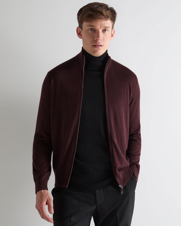N.Peal Men's Hyde Fine Gauge Cashmere Full Zip Jumper Claret Red
