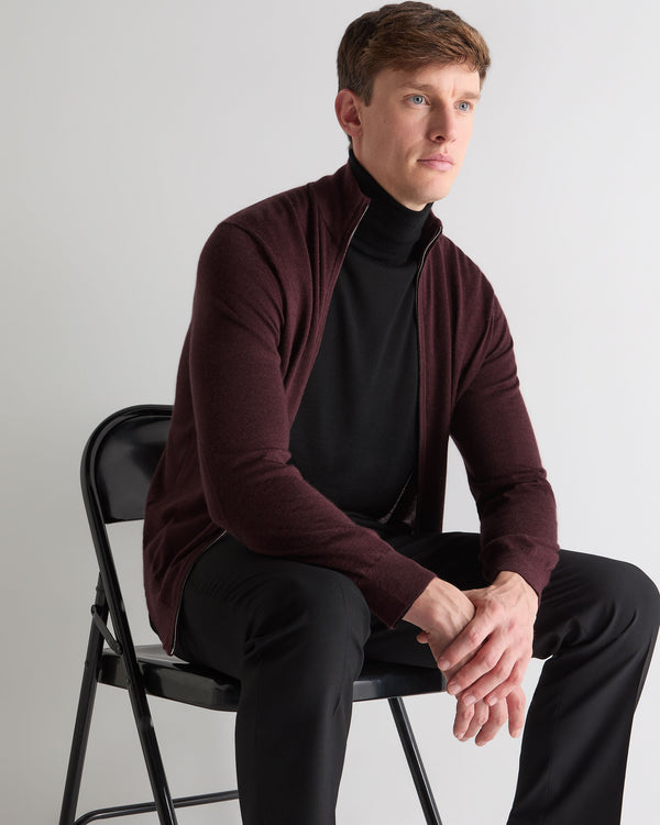 N.Peal Men's Hyde Fine Gauge Cashmere Full Zip Jumper Claret Red