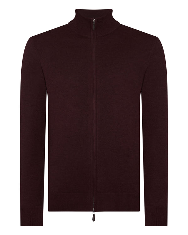 N.Peal Men's Hyde Fine Gauge Cashmere Full Zip Jumper Claret Red