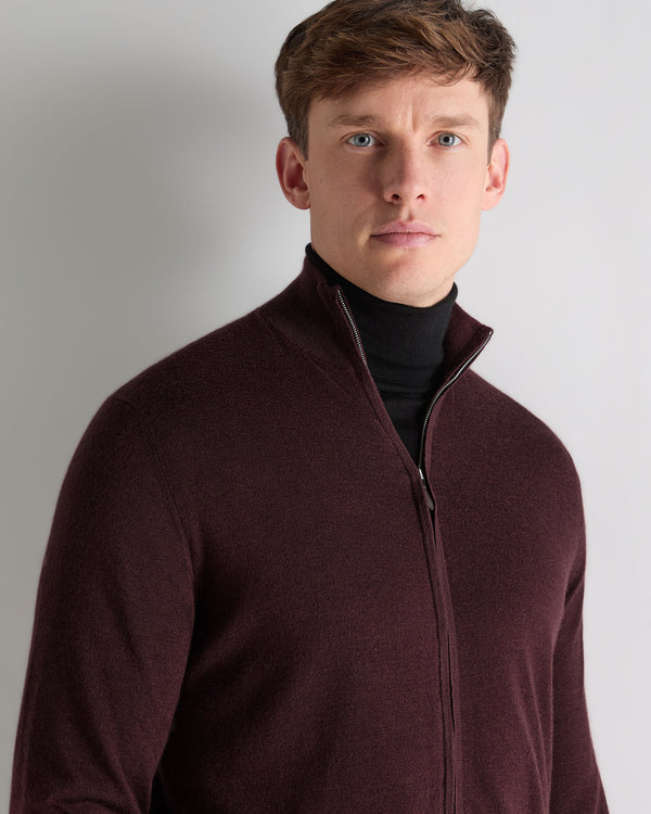 N.Peal Men's Hyde Fine Gauge Cashmere Full Zip Jumper Claret Red
