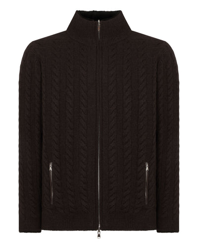 N.Peal Men's Aspen Cashmere Cable Fur Cardigan Chocolate Brown