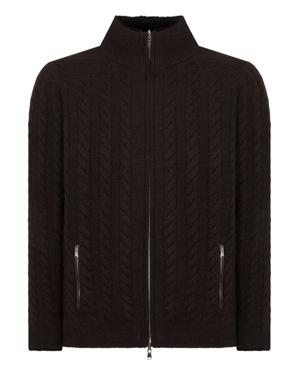 N.Peal Men's Aspen Cashmere Cable Fur Cardigan Chocolate Brown