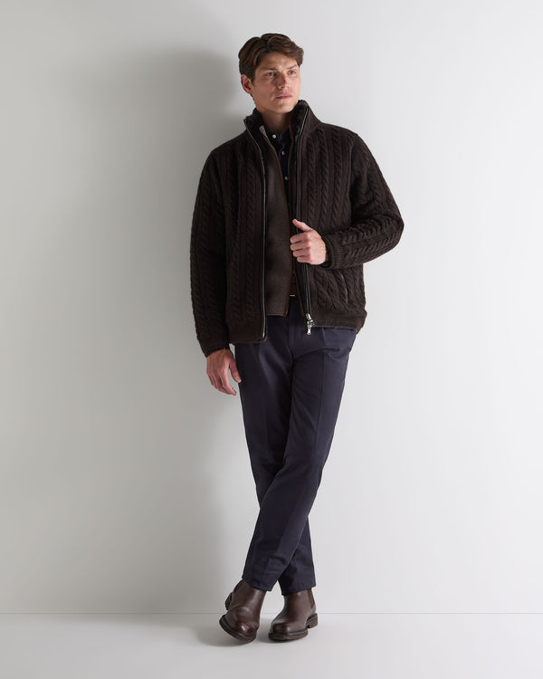 N.Peal Men's Aspen Cashmere Cable Fur Cardigan Chocolate Brown