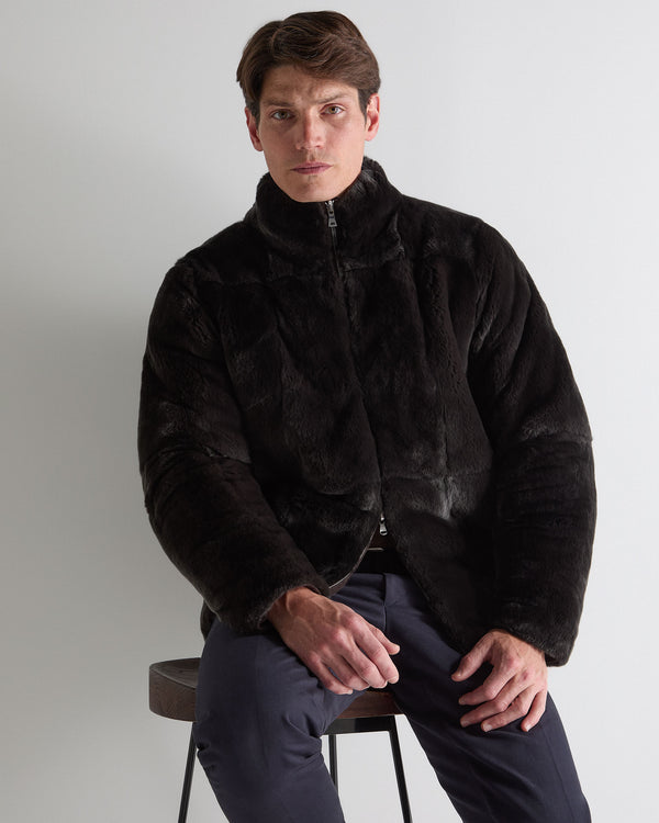 N.Peal Men's Aspen Cashmere Cable Fur Cardigan Chocolate Brown