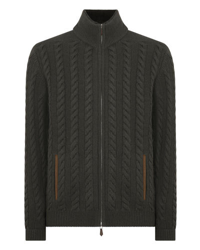 N.Peal Men's Richmond Cable Cashmere Cardigan Arabica Khaki Green