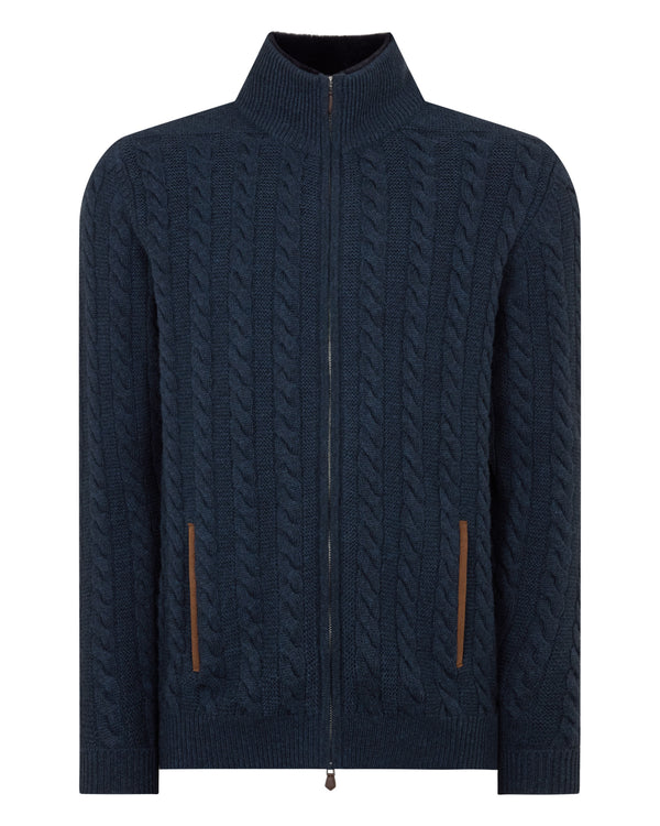 N.Peal Men's Richmond Cable Cashmere Cardigan Indigo Blue