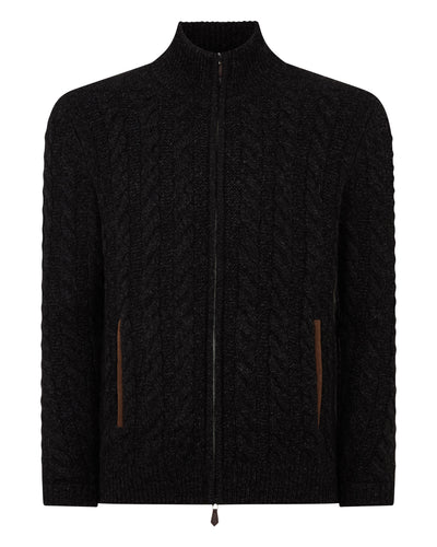 N.Peal Men's Richmond Cable Cashmere Cardigan Charcoal Grey Melange