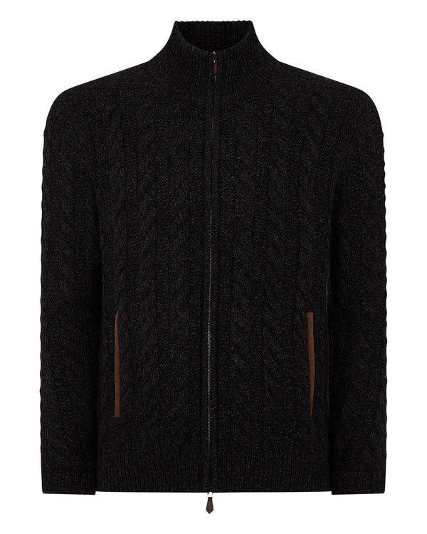 N.Peal Men's Richmond Cable Cashmere Cardigan Charcoal Grey Melange