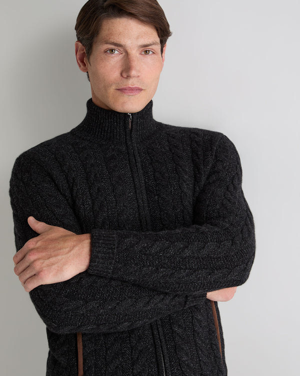 N.Peal Men's Richmond Cable Cashmere Cardigan Charcoal Grey Melange