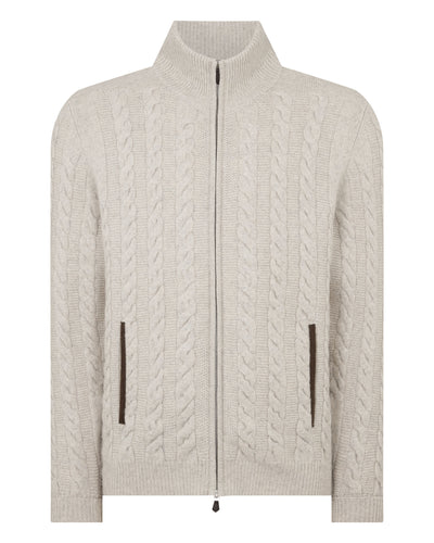 N.Peal Men's Richmond Cable Cashmere Cardigan Ash Grey Marl
