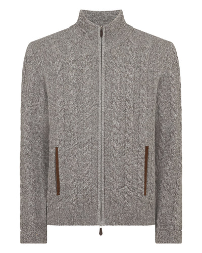 N.Peal Men's Richmond Cable Cashmere Cardigan Soft Truffle Brown Marl