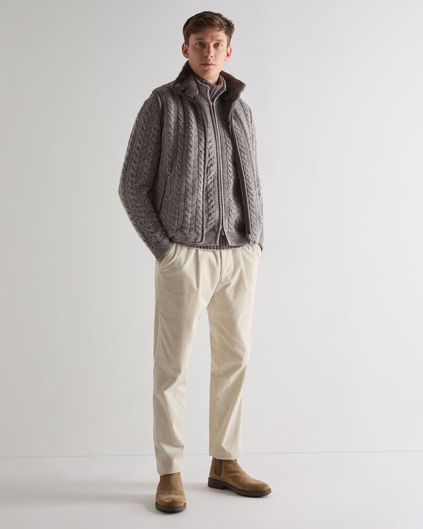N.Peal Men's Richmond Cable Cashmere Cardigan Soft Truffle Brown Marl