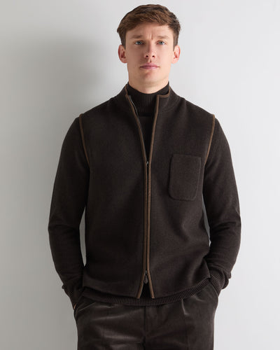 N.Peal Men's Shaftesbury Suede Trim Cashmere Gilet Chocolate Brown