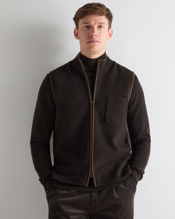N.Peal Men's Shaftesbury Suede Trim Cashmere Gilet Chocolate Brown