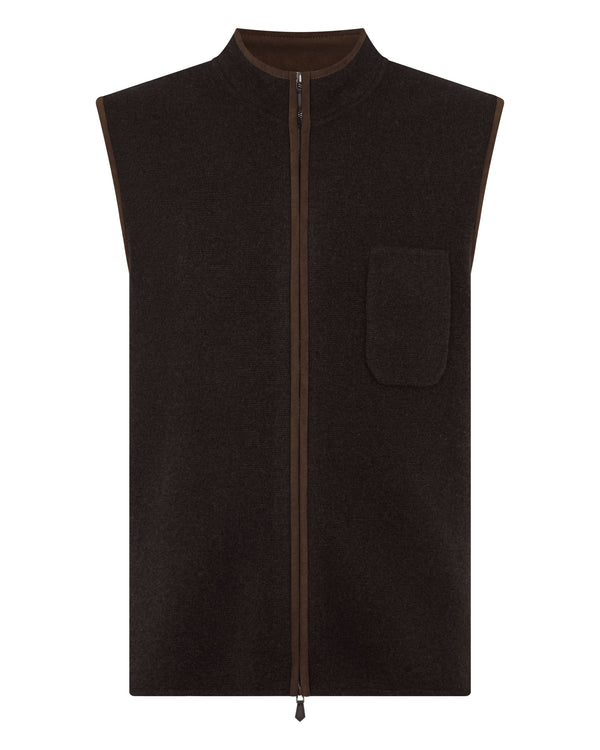 N.Peal Men's Shaftesbury Suede Trim Cashmere Gilet Chocolate Brown