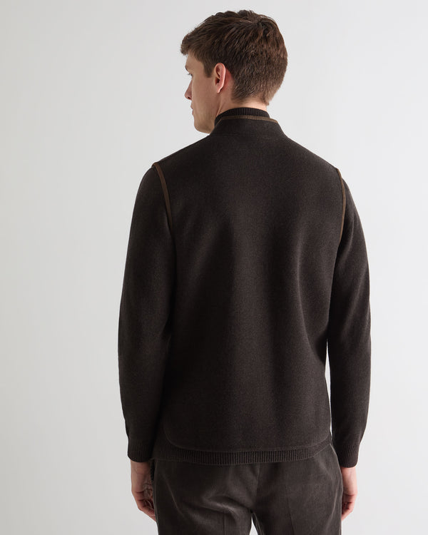 N.Peal Men's Shaftesbury Suede Trim Cashmere Gilet Chocolate Brown
