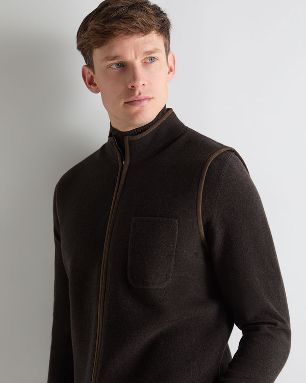 N.Peal Men's Shaftesbury Suede Trim Cashmere Gilet Chocolate Brown