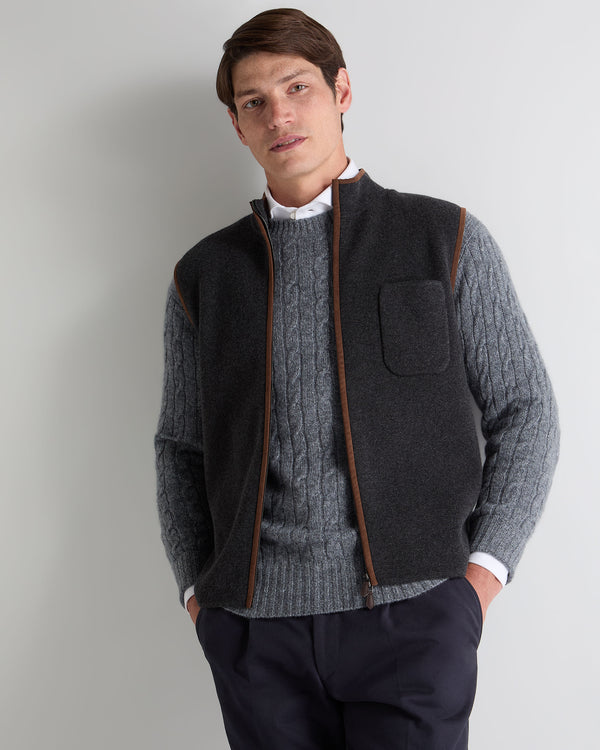 N.Peal Men's Shaftesbury Suede Trim Cashmere Gilet Deep Charcoal Grey