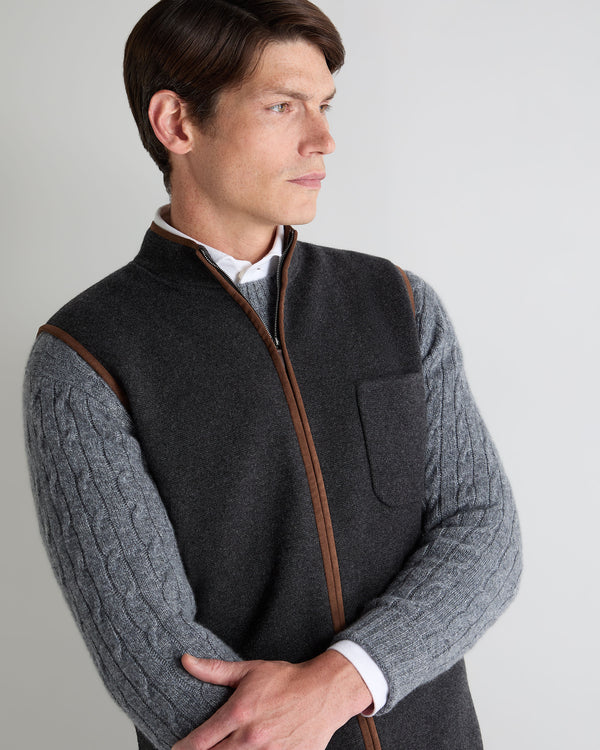 N.Peal Men's Shaftesbury Suede Trim Cashmere Gilet Deep Charcoal Grey