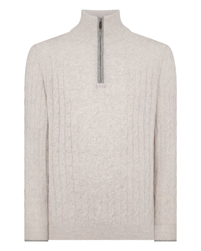 N.Peal Men's Albemarle Cable Half Zip Cashmere Jumper Nougat Brown Marl