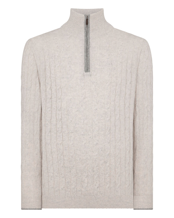 N.Peal Men's Albemarle Cable Half Zip Cashmere Jumper Nougat Brown Marl