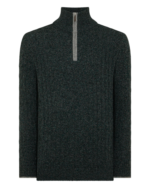 N.Peal Men's Albemarle Cable Half Zip Cashmere Jumper Green Melange