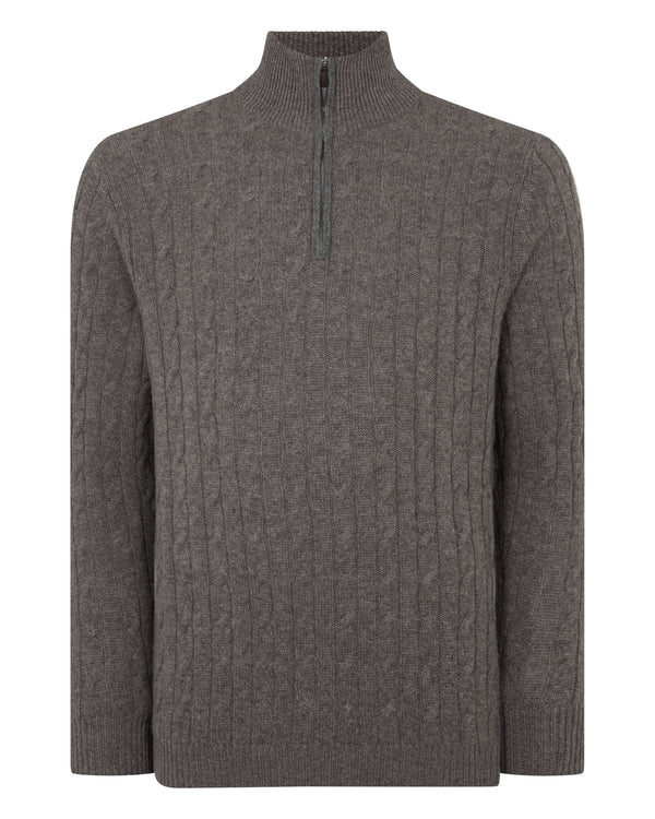 N.Peal Men's Albemarle Cable Half Zip Cashmere Jumper Wood Smoke Brown