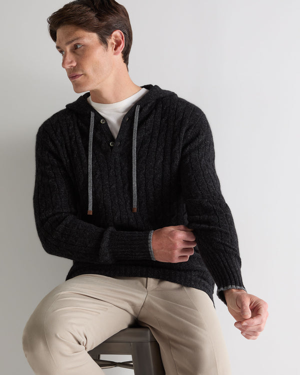 N.Peal Men's Fitzrovia Cable Cashmere Hoodie Charcoal Grey Melange