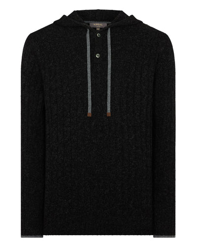 N.Peal Men's Fitzrovia Cable Cashmere Hoodie Charcoal Grey Melange
