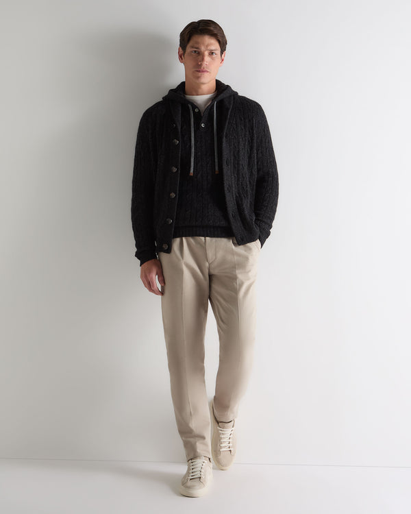 N.Peal Men's Fitzrovia Cable Cashmere Hoodie Charcoal Grey Melange