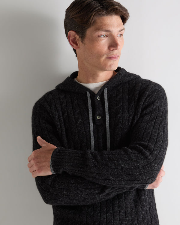 N.Peal Men's Fitzrovia Cable Cashmere Hoodie Charcoal Grey Melange