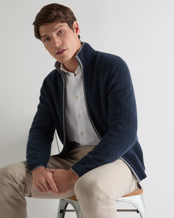 N.Peal Men's Lambeth Rib Full Zip Cashmere Cardigan Indigo Blue