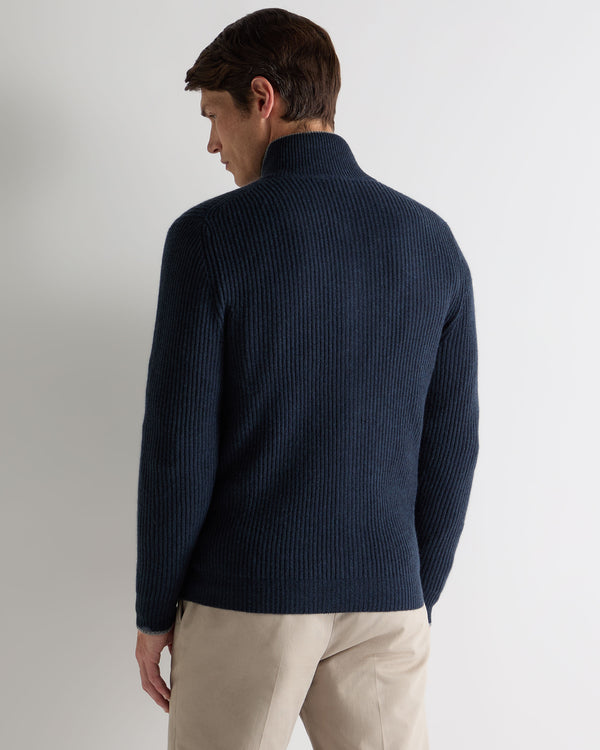 N.Peal Men's Lambeth Rib Full Zip Cashmere Cardigan Indigo Blue