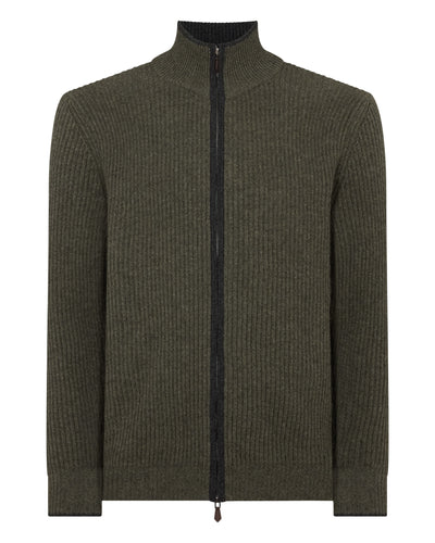 N.Peal Men's Lambeth Rib Full Zip Cashmere Cardigan Moss Green