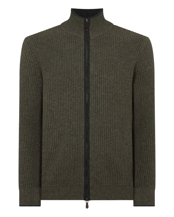 N.Peal Men's Lambeth Rib Full Zip Cashmere Cardigan Moss Green