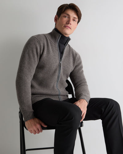 N.Peal Men's Lambeth Rib Full Zip Cashmere Cardigan Wood Smoke Brown