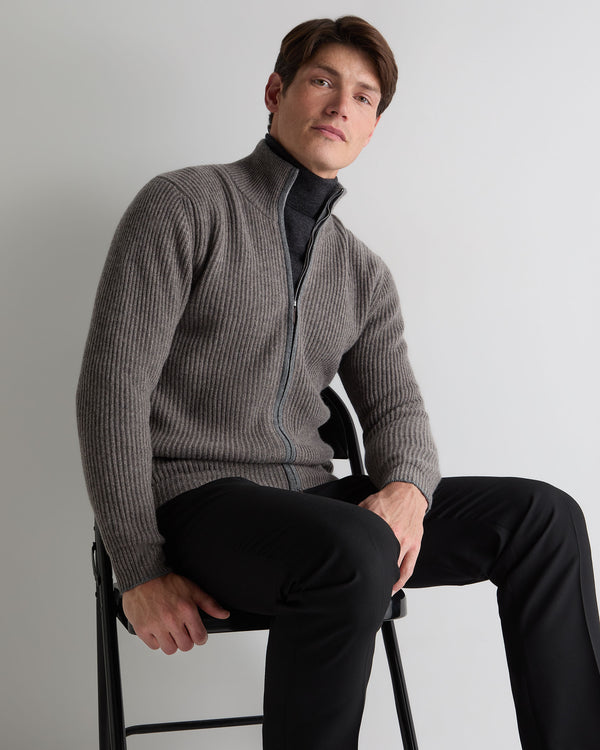 N.Peal Men's Lambeth Rib Full Zip Cashmere Cardigan Wood Smoke Brown