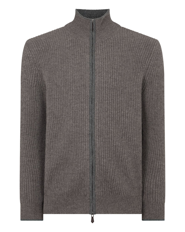 N.Peal Men's Lambeth Rib Full Zip Cashmere Cardigan Wood Smoke Brown