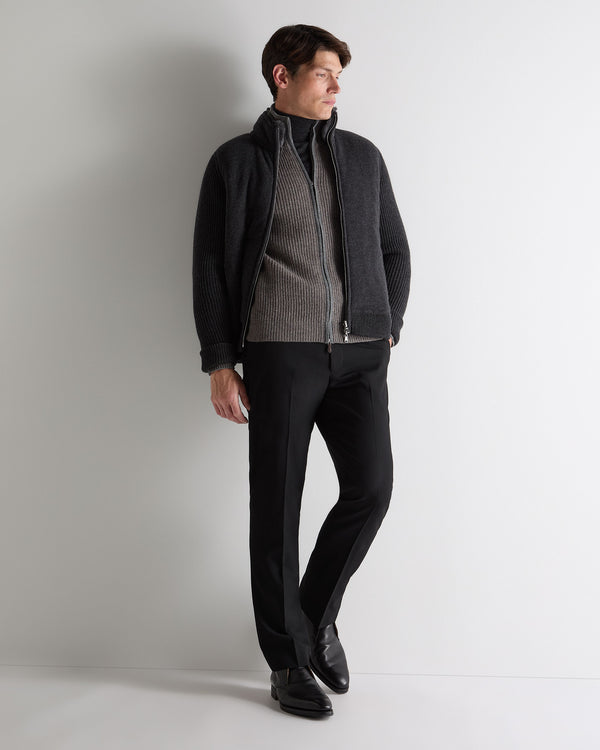 N.Peal Men's Lambeth Rib Full Zip Cashmere Cardigan Wood Smoke Brown