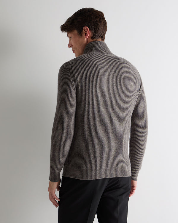 N.Peal Men's Lambeth Rib Full Zip Cashmere Cardigan Wood Smoke Brown