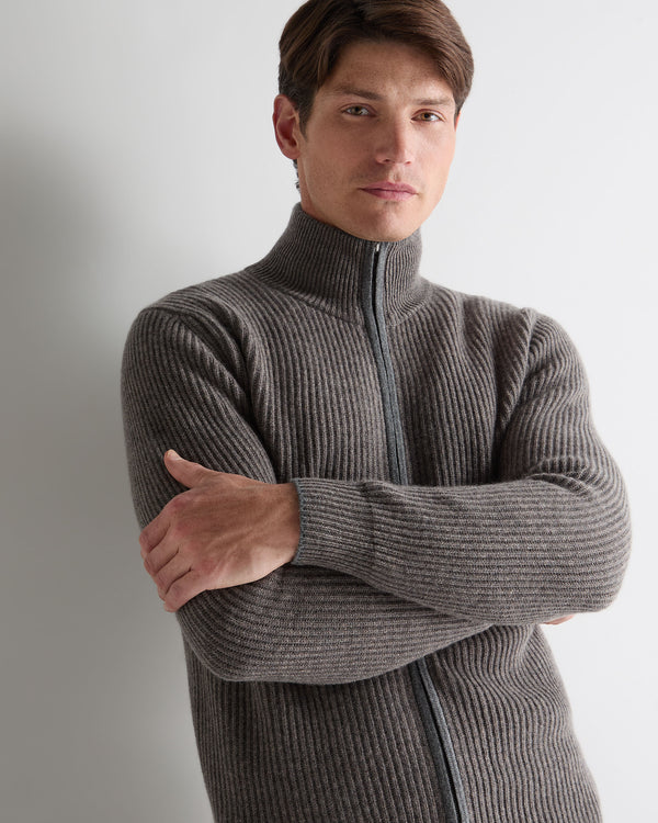 N.Peal Men's Lambeth Rib Full Zip Cashmere Cardigan Wood Smoke Brown